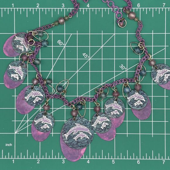 Vintage Turquoise Purple Metal Dangles Chain Dolphin Necklace Dangle Earrings - Picture 11 of 14